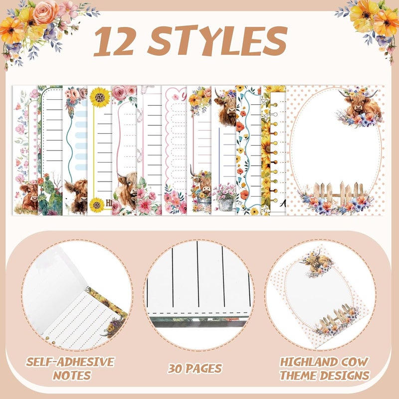 Chiisong 12 Pieces Highland Cow Sticky Notes 3x4 Inch Animal to Do List Just Loves Butterfly Sunflower Memo Notes Highland Cow Gifts Home Kawaii Cute Office Supplies - Image 3